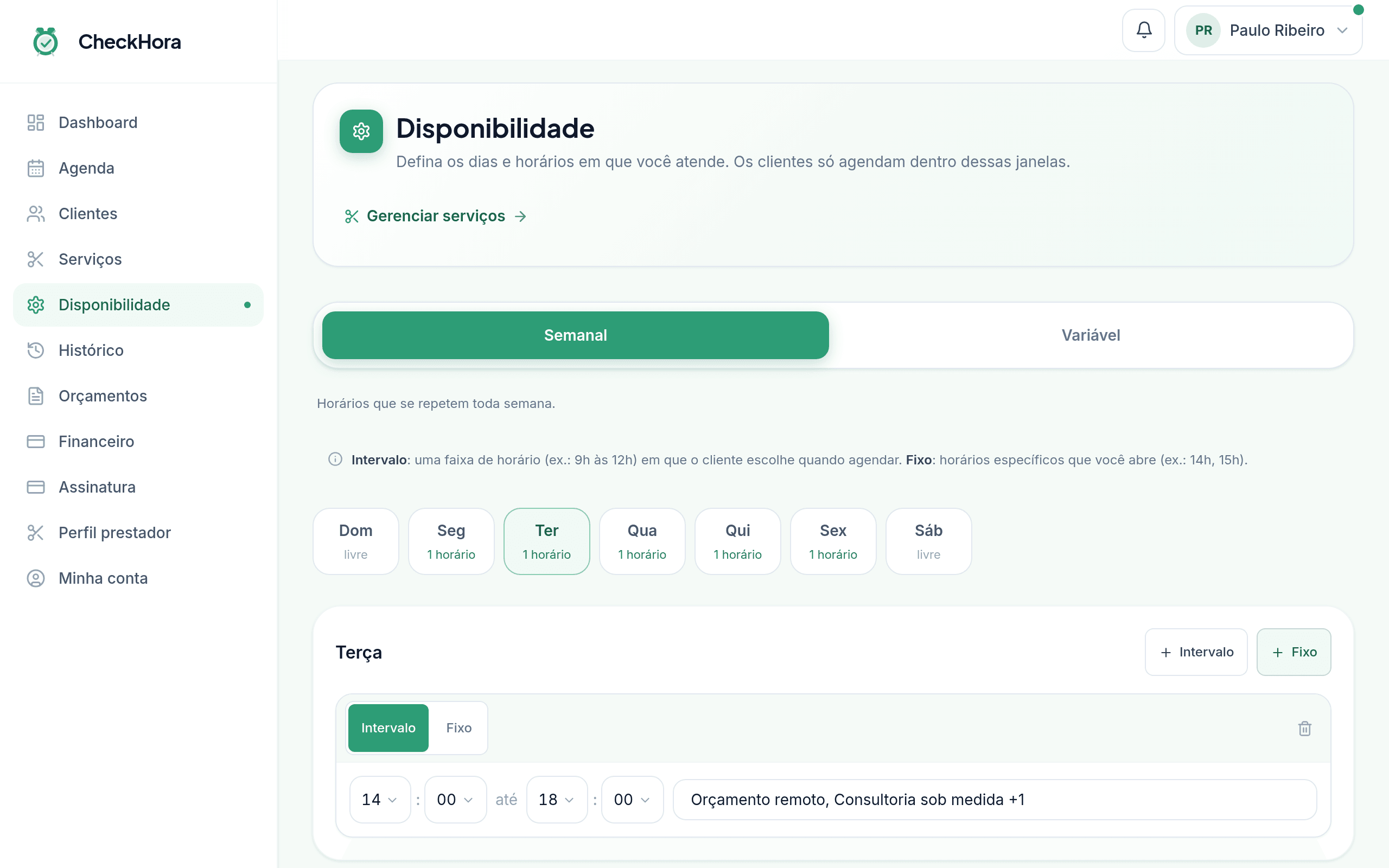Tela de disponibilidade semanal do prestador