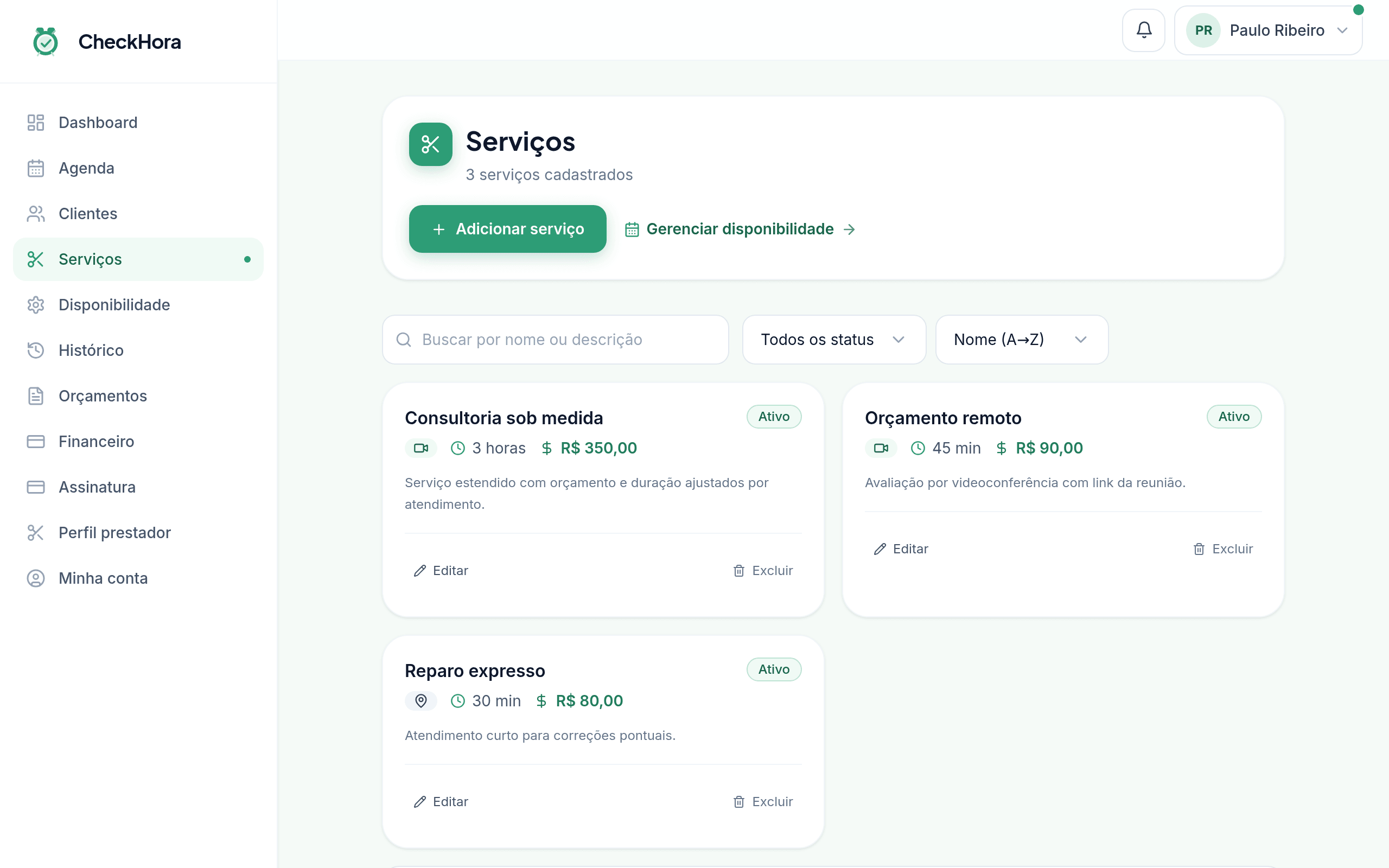 Lista de serviços do prestador com preço, duração e modalidade